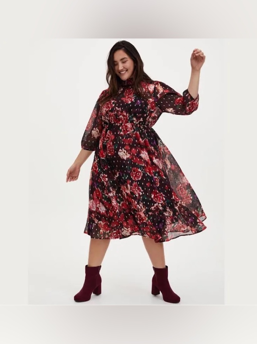 Torrid Burgundy Purple Floral Chiffon Mock Neck Midi Dress 0